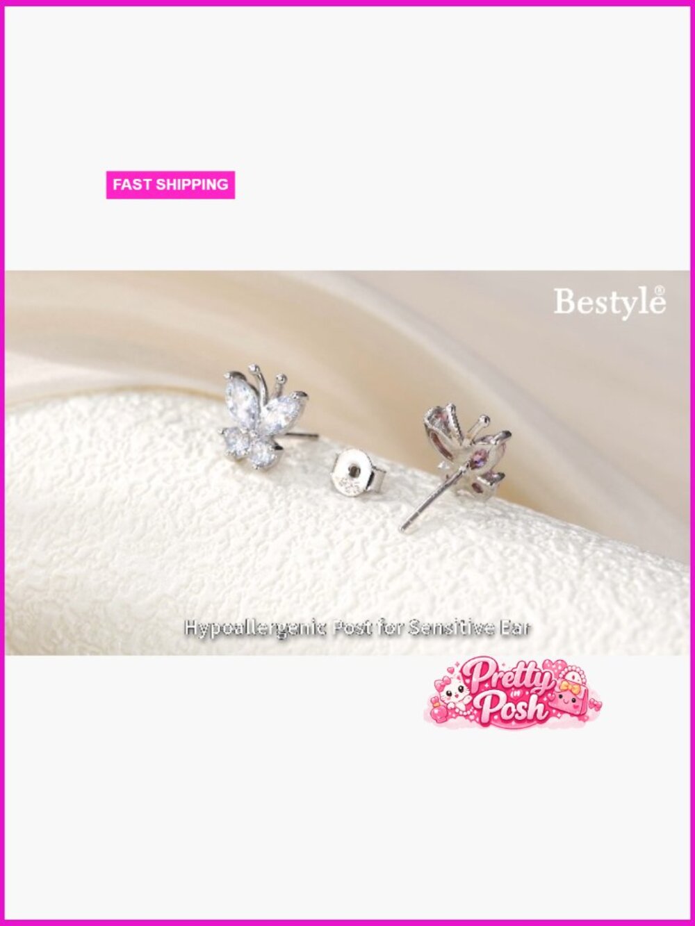 Gold Butterfly Earrings, Dainty Birthstone Studs Hypoallergenic Jewelry - Picture 7 of 7